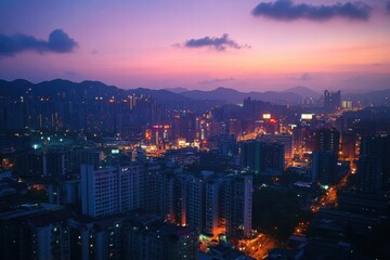 Obraz premium City at night with streetlights and glowing sky