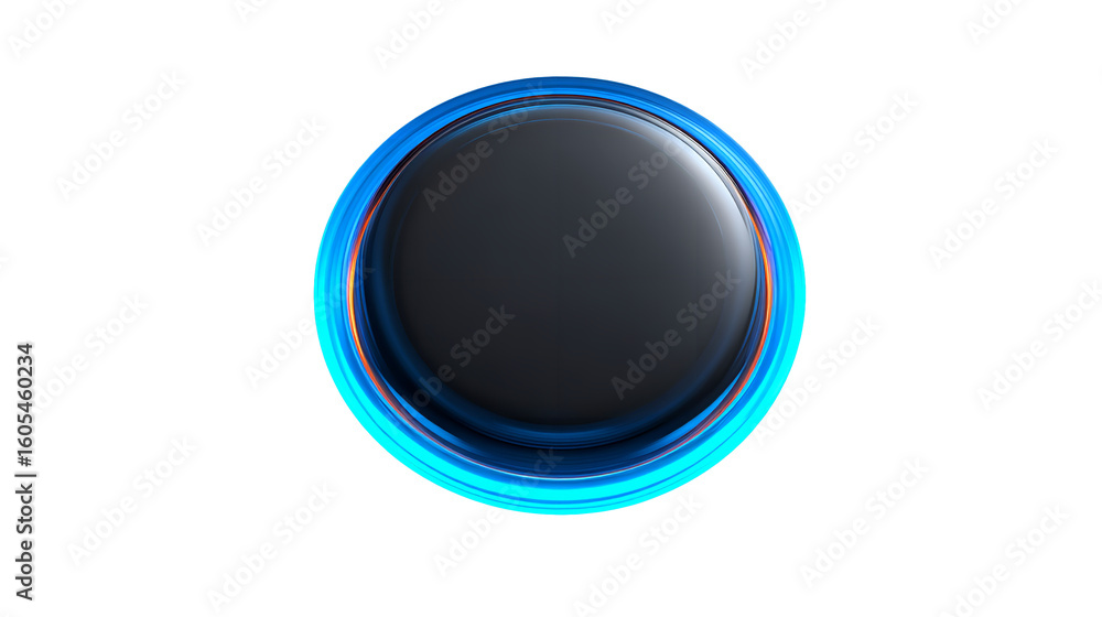 Poster shiny dark gray button with glowing blue border design on transparent background