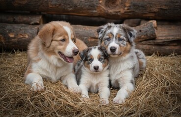 Three adorable Australian Shepherd puppies rest on dry straw, with logs in background. One fluffy pup is blue merle, another red tricolor puppy sits by its side. Purebred dogs enjoy fresh country air.