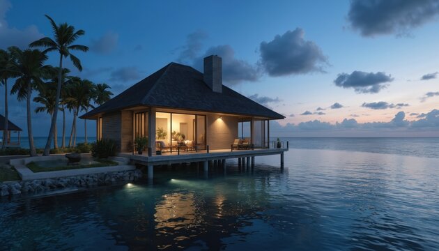 Luxurious bungalow resort over turquoise ocean water at dusk. Tropical island villa offers stunning seascape, clear blue sky with soft clouds. Ideal for romantic getaways, honeymoons, serene vacation