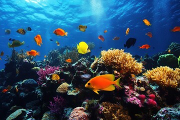 Coral garden with orange and yellow fish