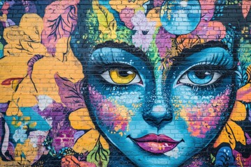 Stylized portrait mural with bright colors