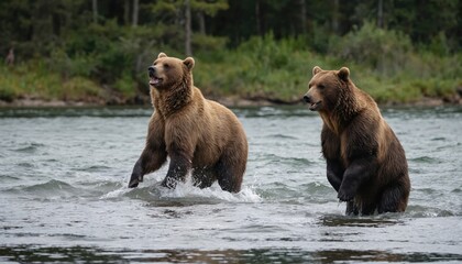 Obraz premium Two brown bears stand in shallow river water, intently watching for salmon. Bears wait patiently to catch fish during summer. Fur wet, splashing water as shift powerful bodies. Wildlife in natural