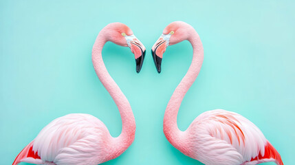 Romantic pair of pink flamingos with necks forming a heart shape on a serene aquamarine backdrop, symbolizing love and union, perfect for a Valentine celebration card or poster print.