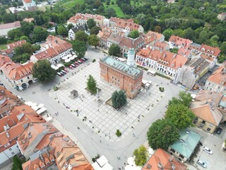 Stunning Aerial Panorama of Historic Sandomierz Town Square Old World Charm, Architectural Marvel for Marketing and Advertising Campaigns, Invokes a Feeling of Timeless Elegance and Serenity.