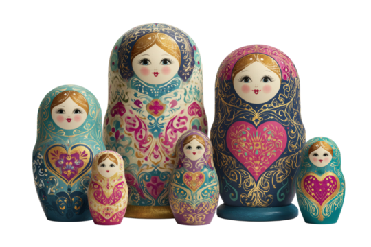 A set of Russian dolls with hearts on them