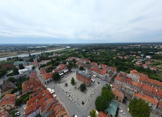 Majestic Aerial Panorama of Historic Sandomierz Town with a Flowing River, Perfect for Travel and Landscape Projects Inspires a Sense of Wonder.