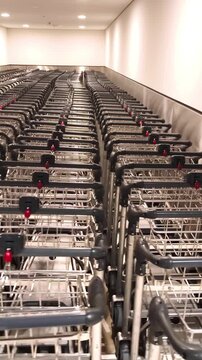 Long rows of folded luggage carts at airports and supermarkets