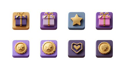 Collection of colorful 3D reward icons featuring gifts, stars, and clovers on transparent background