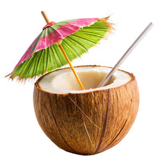 tropical coconut drink with paper umbrella isolated on white background, png, ai generated