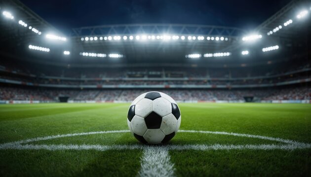 Soccer ball waits on green field at night stadium, bright spotlights illuminate arena for championship match. Blur background shows spectators in stands. Focus on sport equipment for football