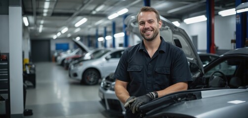Fototapeta premium Smiling mechanic in clean repair shop, arms crossed wearing black work shirt, gloves. Multiple cars with hoods open in background. Bright, spacious garage, automotive service.