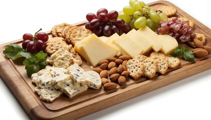 Wooden platter presentation featuring cheese slices, red and green grapes, almonds, and assorted crackers. Elegant food arrangement suitable for parties, wine pairings, and gourmet snacks.