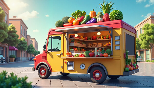 Colorful vegetarian food truck in a cheerful style, in yellow and red colors, representing a mobile business for healthy eating.