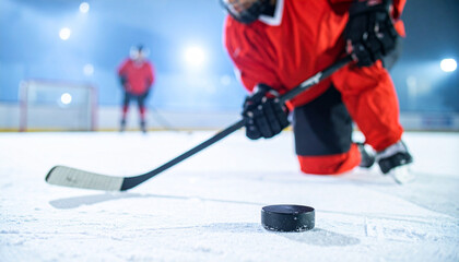 Obraz premium Ice Hockey Faceoff Close-up with Puck and Stick on Night Rink – AI-generated