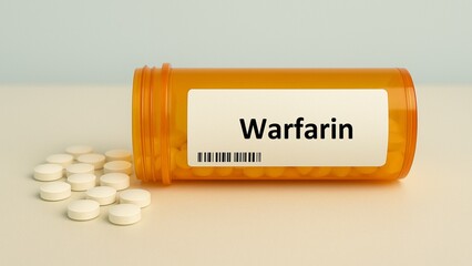 Box of WARFARIN tablets placed on pharmacy counter for anticoagulant and blood thinning treatment
