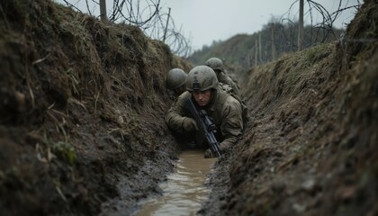Soldiers crawl through muddy trench, navigating barbed wire obstacles. Military personnel in camouflage gear, helmets advance through difficult terrain. Intense action shows determination, teamwork