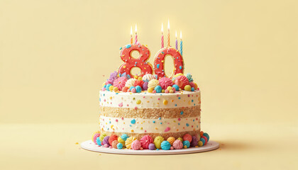 Festive illustration features colorful birthday cake adorned with number 80 candles, vibrant decorations. Sweet dessert perfect for celebrating special milestone, anniversary, joyful party occasion.