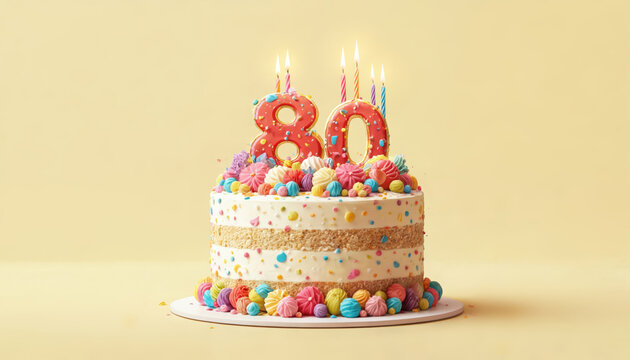 Festive illustration features colorful birthday cake adorned with number 80 candles, vibrant decorations. Sweet dessert perfect for celebrating special milestone, anniversary, joyful party occasion.