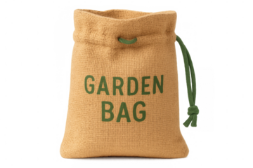 Green garden bag hanging, studio-lit, closed with string, isolated on transparent background
