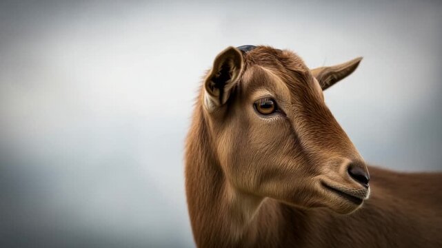 Close Up Portrait Of A Brown Goat With Focused Eye Against A Cloudy Gray Sky Background