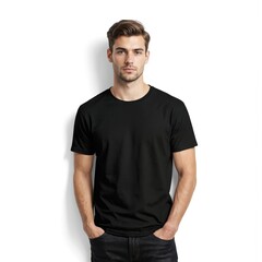 Modern man with short brown hair, beard wears black t-shirt, jeans. Stands against neutral white background with shadow. Casual men apparel, front view, offers style, versatility for design mockups