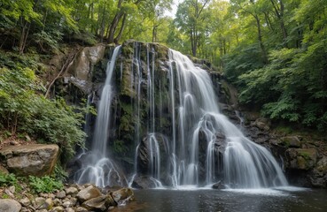 Obraz premium Majestic waterfall cascades down rocky slope on Monastery Island in Dnieper, Ukraine. Green forest surrounds water flowing over stones creating natural beauty. Scenic riverine landscape offers serene