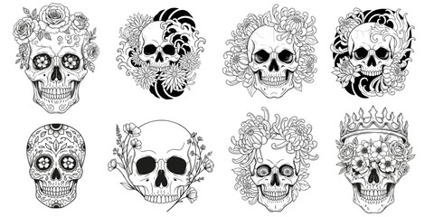 Hand-drawn tattoo-style vector illustrations of skulls with chrysanthemums in traditional Japanese art, bold black and white designs with intricate linework, perfect for tattoo flash, prints, and colo