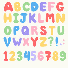 Cute Playful Colorful Alphabet and Numbers Set Hand drawn Vector. Bold Letters for Kids and Learning. Perfect for Back to school or birthday design.