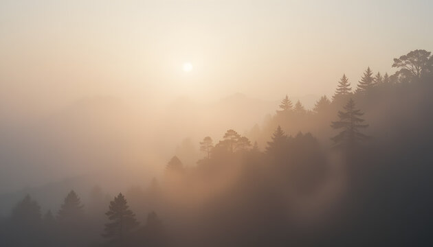 Misty sunrise over a forest landscape, with trees silhouetted against the soft, diffused light, creating a serene and ethereal atmosphere.