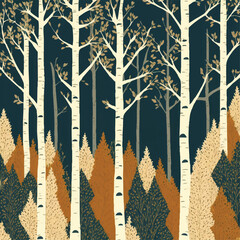 Birch tree pattern. Seamless vector illustration pattern with conifer and birch trees. Perfect for textile, wallpaper or print design. Fabric Design for wallpapers, web site background, postcard.