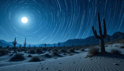 A desert landscape at night with saguaro cacti silhouetted against a swirling star trail sky and bright moon.