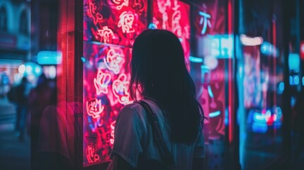 Obraz premium Neon-lit city scene with a figure