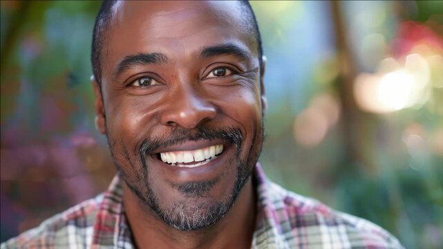 A man smiling with short beard and mustache, enjoying a sunny day outdoors.