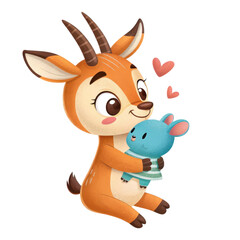 Obraz premium Cute cartoon gazelle hugging a small blue creature isolated on transparent background isolated on white background
