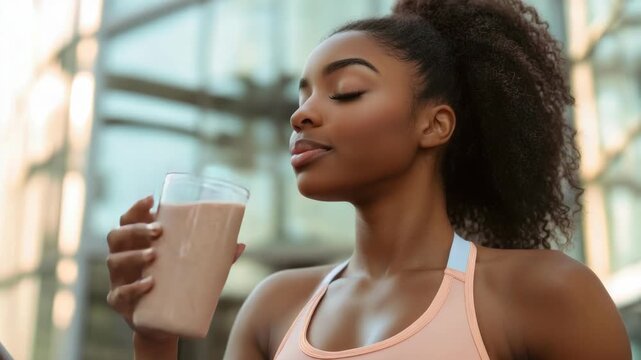 Female athlete sipping protein shake in gym after workout, promoting healthy nutrition and active lifestyle.