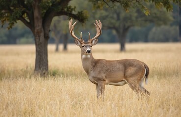 Majestic white-tailed deer buck with large antlers stands in golden meadow on Texas farm. Surrounded by trees, herbivore grazes in natural autumn light. Animal wildlife scene shows mature male cervid.