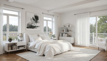 Modern minimalist bedroom features white tufted bed, large windows, hardwood floors. Airy space with neutral grey rug, white bedding, ceiling fan creates bright, comfortable, elegant atmosphere.