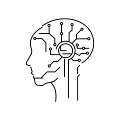 Outlined human profile with tech lines and chip brain, representing artificial intelligence and digital transformation.