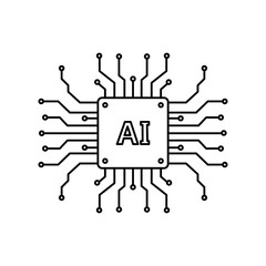 Detailed microchip icon with AI label and complex circuit extensions, symbolizing machine learning power.