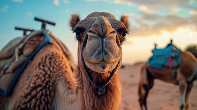 Camels with riders, facing sunset in desert landscape