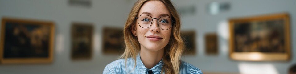 Obraz premium Young caucasian female adult in art gallery with glasses and blonde hair