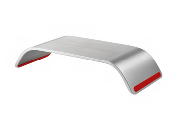 Slim aluminum laptop riser with red silicone pads, improving workspace comfort and device cooling, against clean background