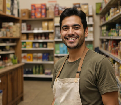 Smiling Hispanic man, organic grocery store owner, stands among bulk food products and natural ingredients. He wears apron, exuding confidence and small business charm in vibrant local market setting.