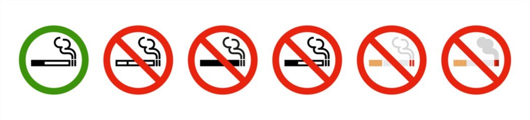 No smoke icon. Stop smoking symbol. Forbidden cigarette signs. Ban tobacco symbols. Prohibit nicotine icons. Black, red, flat color. Vector 10 eps.