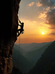 Illustration of a rock climber on the face of a cliff at sunset.