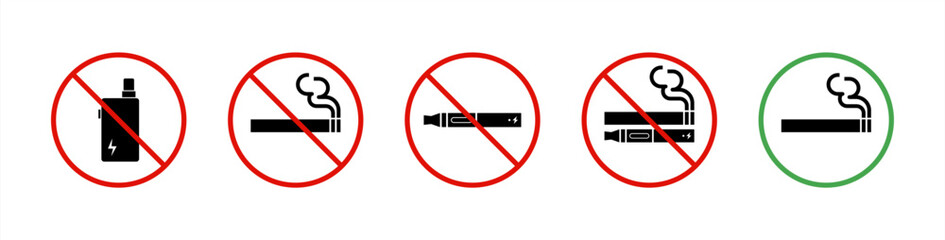 Ban Zone Smoke Vape Cigarette Silhouette Icon Set. Forbidden Smoking Cannabis Pictogram. Notice Allow Smoke Area Green Sign. Smoke Prohibited Red Stop Symbol. Isolated Vector 10 eps.