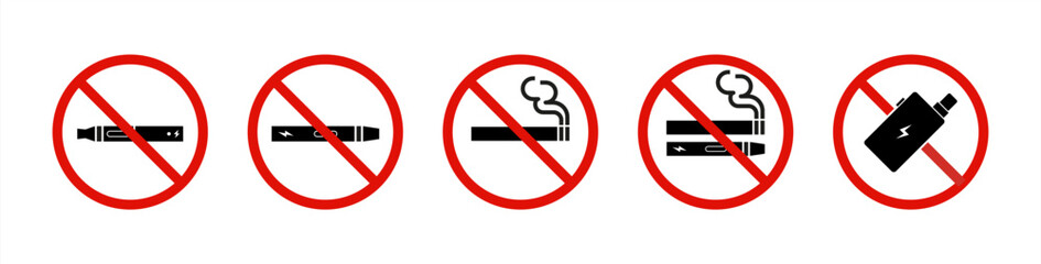 No Smoking and Vaping Allowed Signs. Cigarette and E-Cig Prohibition Symbols. Smoking Area Vector 10 eps.
