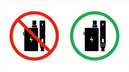 No smoking no vaping and smoking area sign set. Forbidden sign icon isolated on white background vector illustration. Cigarette, vape in prohibition circle and green allowed area. Vector illustration.
