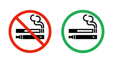 No smoking no vaping and smoking area sign set. Forbidden sign icon isolated on white background vector illustration. Cigarette, vape in prohibition circle and green allowed area. Vector 10 eps.